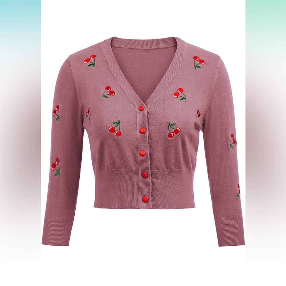 Belle Poque pink embroidered cherry cropped cardigan